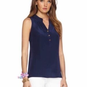 Lilly Pulitzer Houston Navy Blue Sleeveless 100% Silk Top Size Medium Blouse